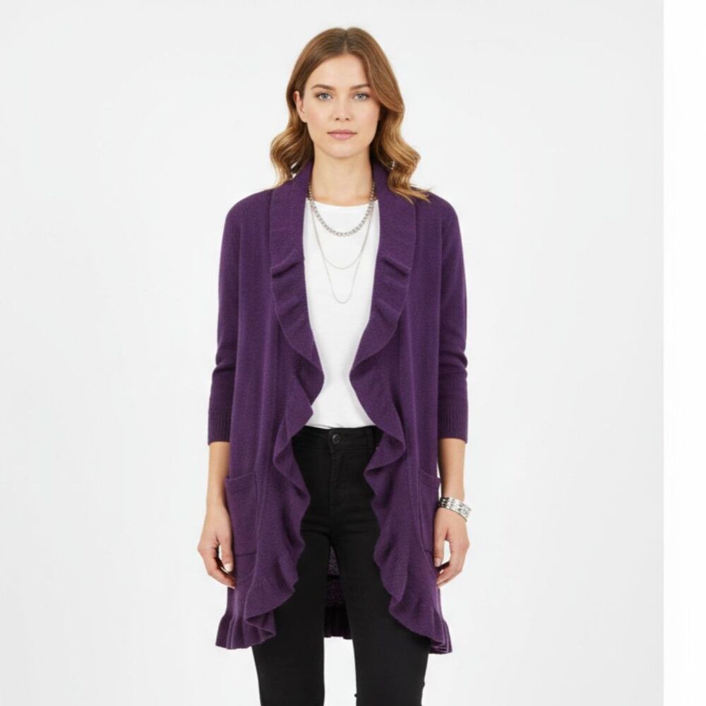 Wool & Cashmere Blend Ruffle Open Front Duster Sweater From Peck & Peck M
